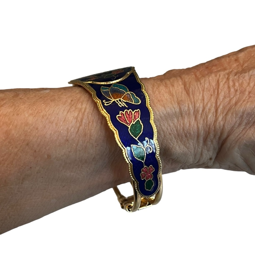 Vtg Enamel Flower Butterfly Multicolor Cloisonné Gold Tone Bracelet Cuff Bangle - Picture 8 of 12